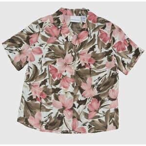 Alfred Dunner Button Up Floral Shirt Woman Size 14 Coral Tan Floral Hawaiian Top